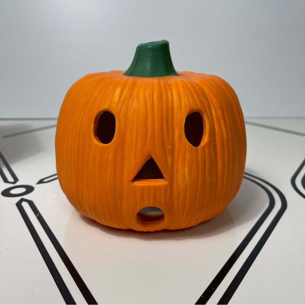 Vintage Pumpkin Time 6" Ceramic Jack O Lantern Candle Holder Orange Green Box - Picture 2 of 10
